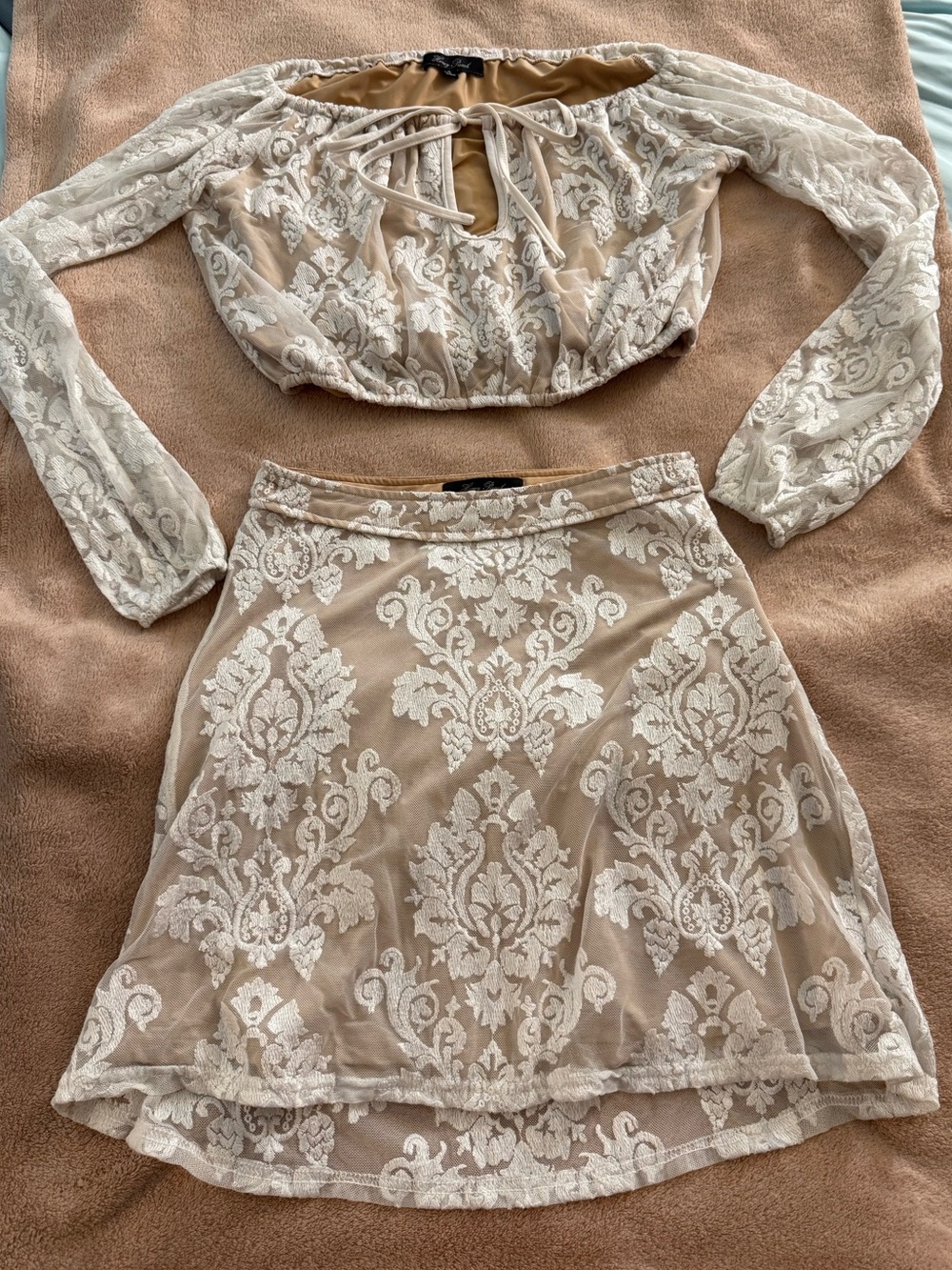 Honey Punch Beige Lace Two-Piece Skirt Set